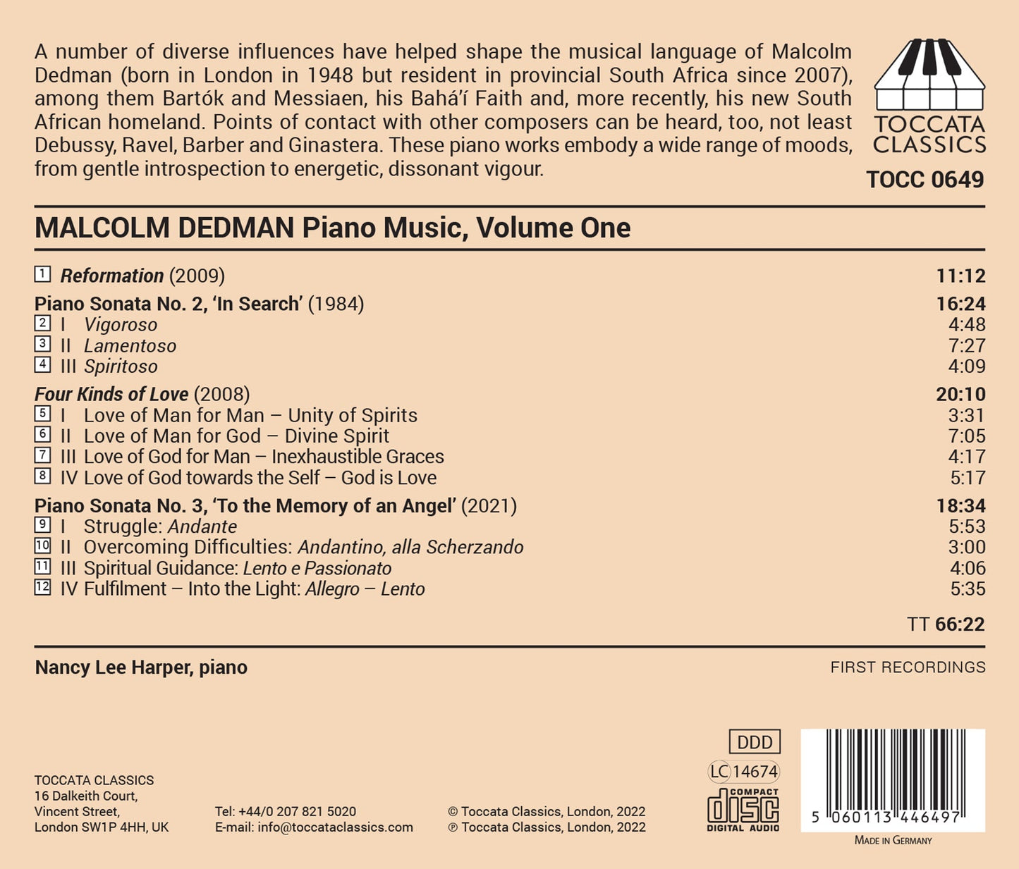 Dedman: Piano Music, Vol. 1