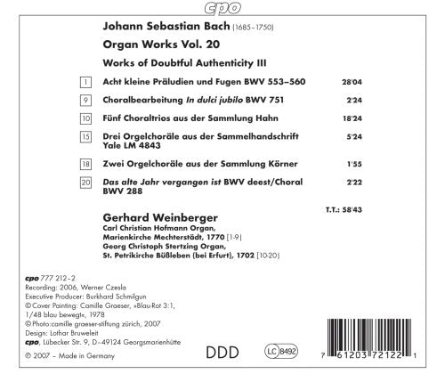 Bach, J.S.: Organ Works, Vol. 20  - Works of Doubtful Authen