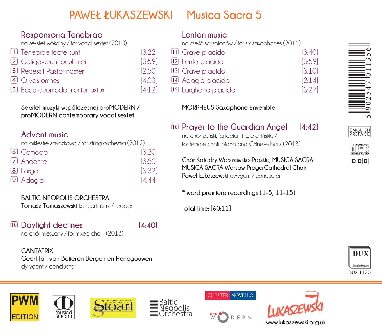 Lukaszewski: Musica sacra, Vol. 5 / Baltic Neopolis Orchestra, proMODERN, Cantatrix, Morpheus Saxophone Ensemble