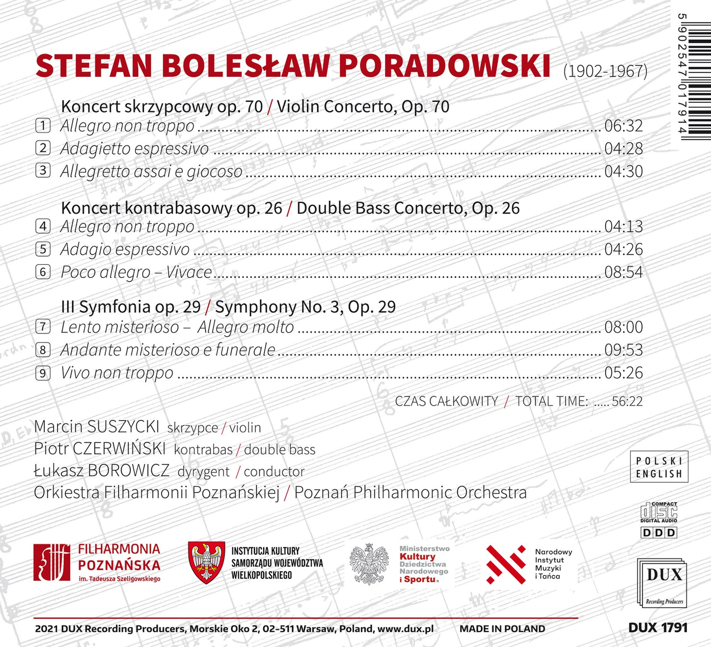 Poradowski: Violin Concerto, Op. 70, Double Bass Concerto, O  Marcin Suszycki, Piotr Czerwinski, Lukasz Borowicz, Poznan Philharmonic Orchestra