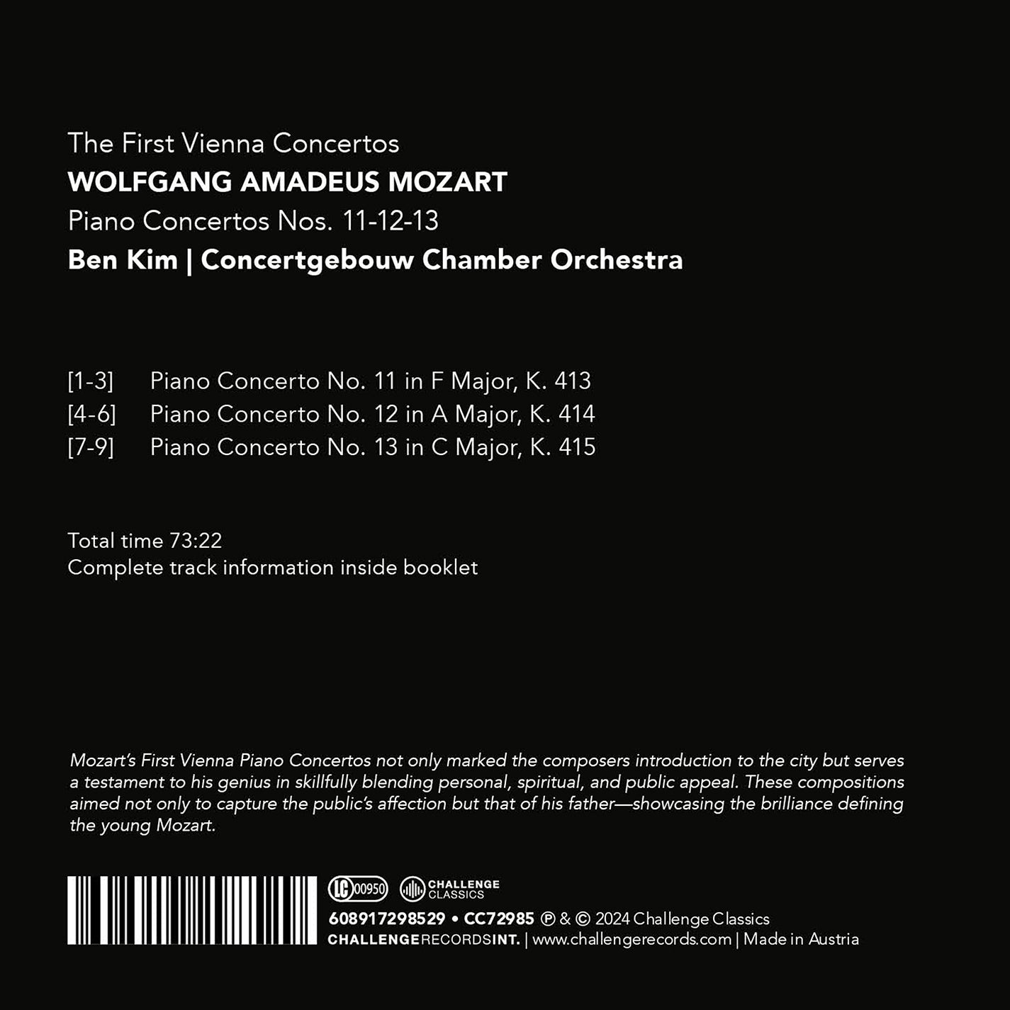 Mozart: The First Vienna Concertos; Piano Concertos Nos. 11,  Ben Kim, Concertgebouw Chamber Orchestra