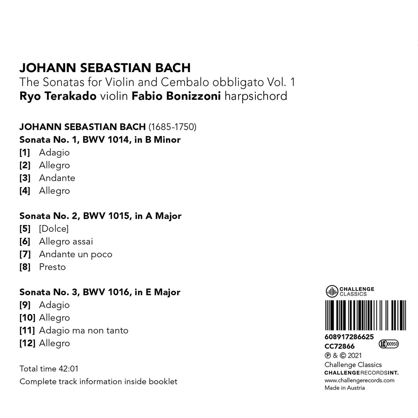 Bach: The Sonatas for Violin & Cembalo obbligato, Vol. 1