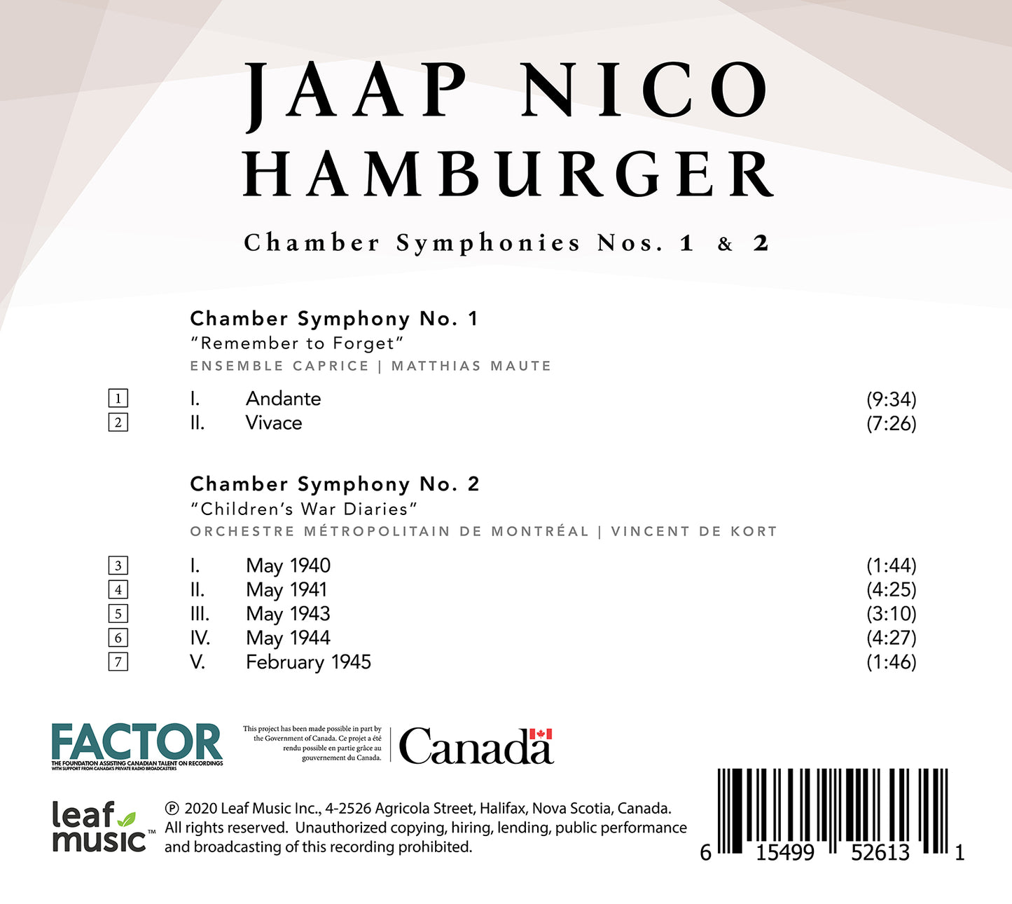Hamburger: Chamber Symphonies Nos. 1 & 2  Orchestre Metropolitain De Montreal, Ensemble Caprice, Kort, Maute