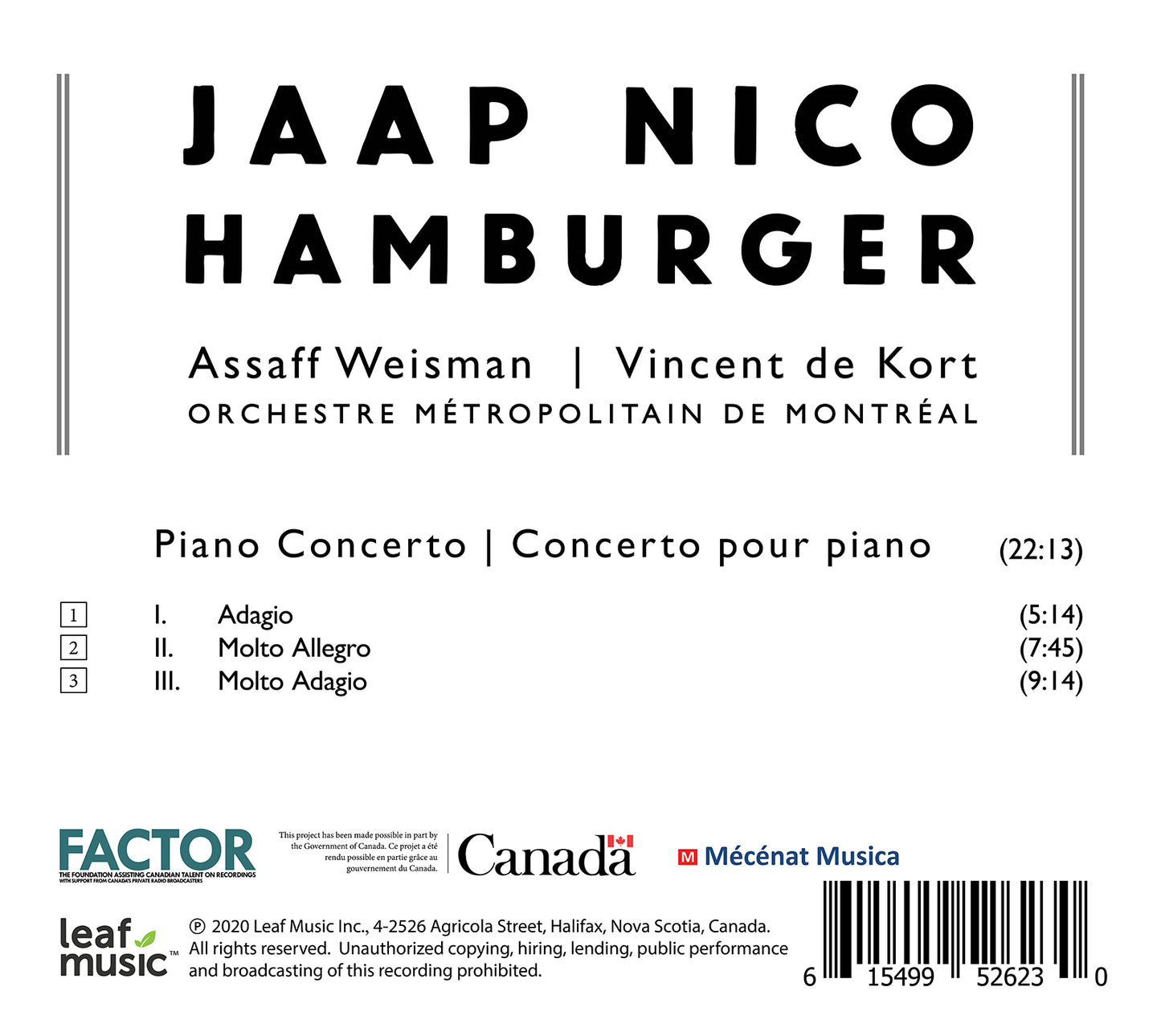 Jaap Nico Hamburger: Piano Concerto  Orchestre Metropolitain, Kort, Weisman