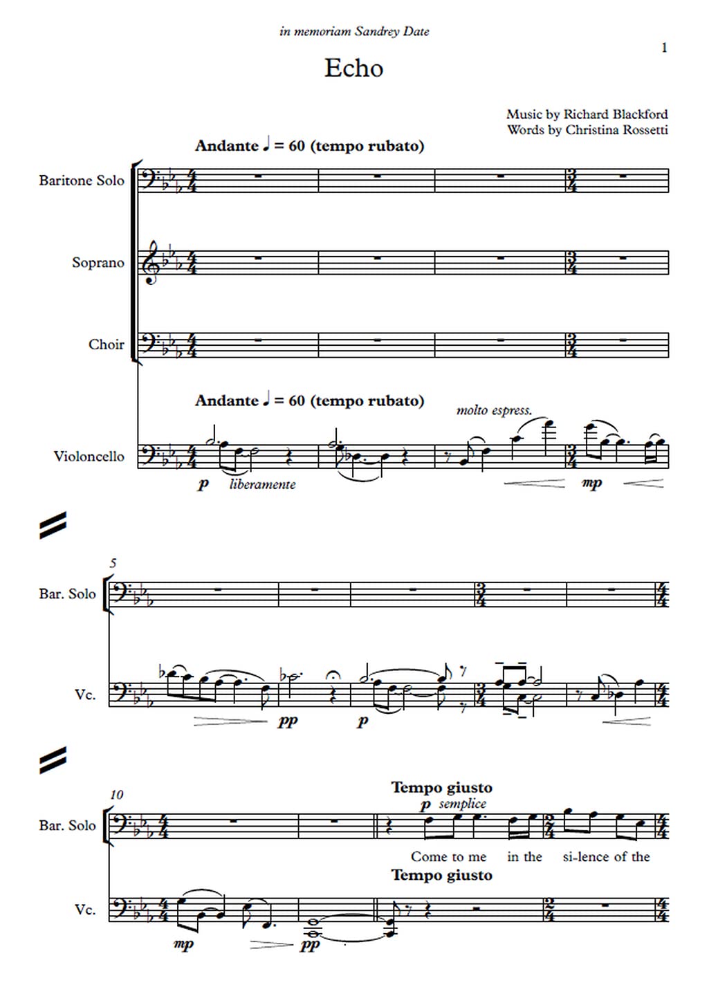 Blackford: Echo for Baritone, SATB Chorus & Cello