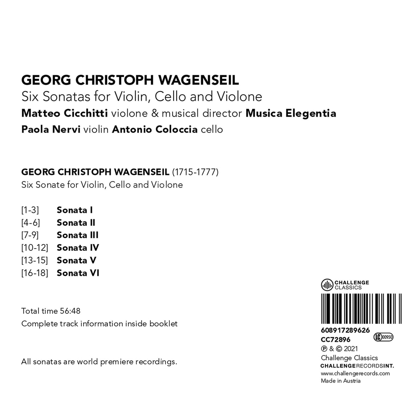 Wagenseil: Six Sonatas for Violin, Cello and Violone