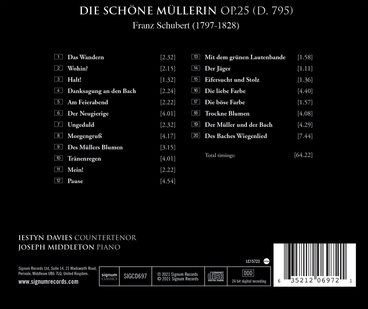 Schubert: Die Schone Mullerin  Iestyn Davies, Joseph Middleton