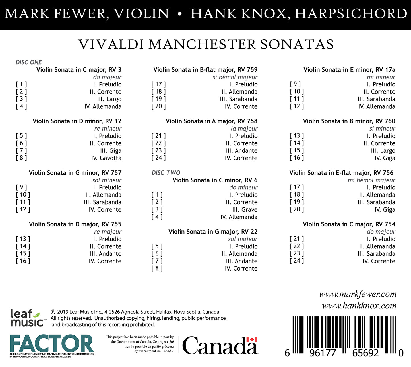 Vivaldi: Manchester Violin Sonatas  Fewer, Knox