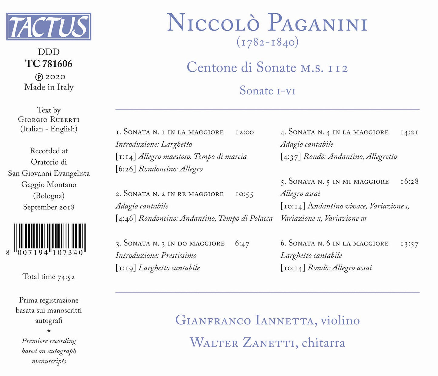 Paganini: Centone di Sonate M.S. 112 - Sonate I-VI