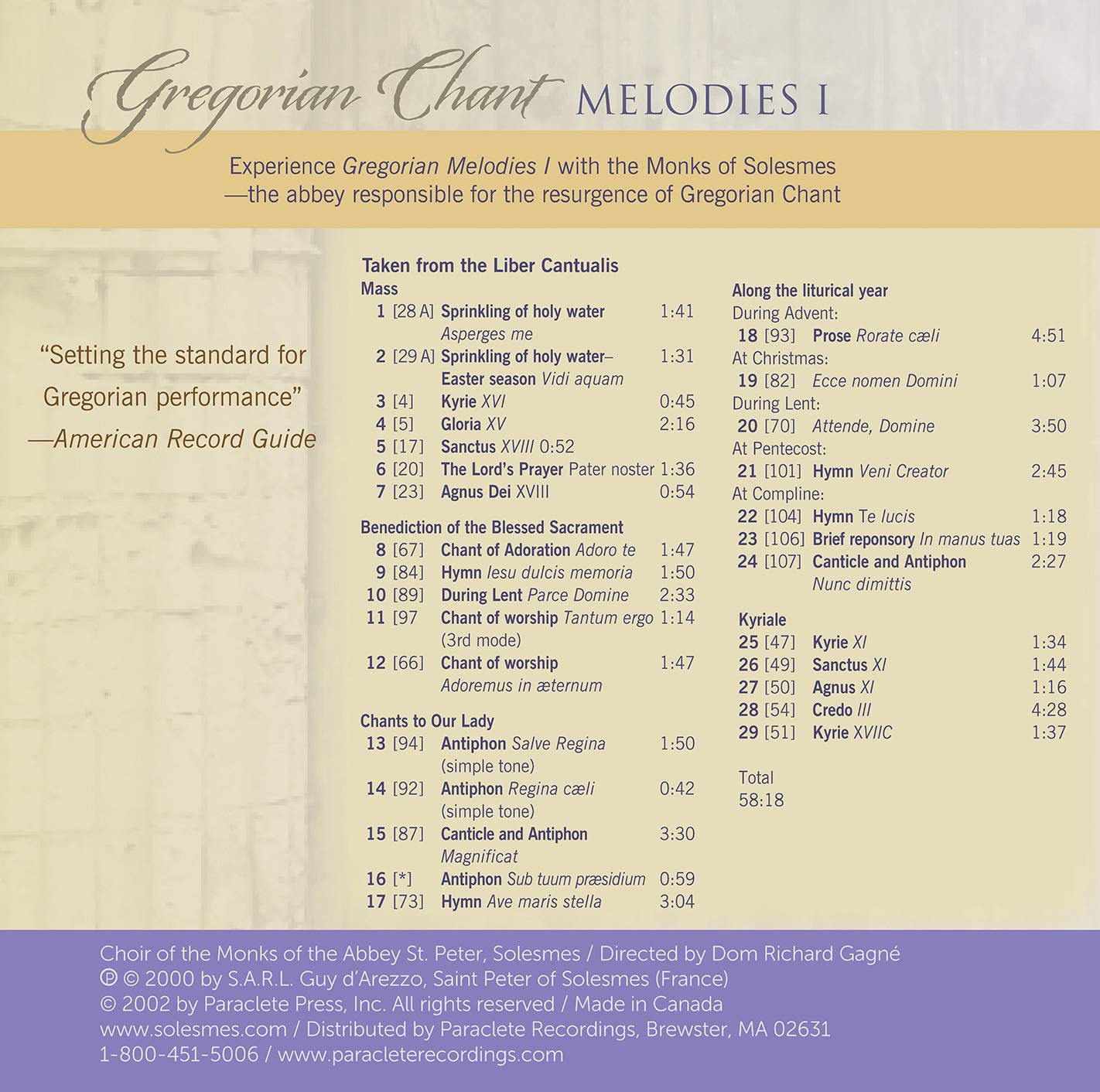V1: GREGORIAN CHANT MELODIES