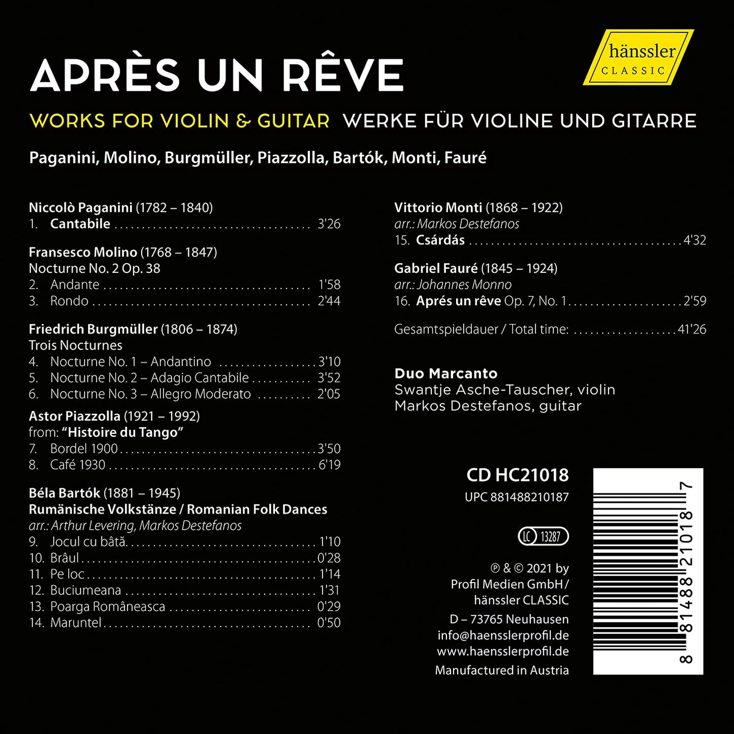 Après un Reve - Duo Marcanto - Works for Violin and Guitar