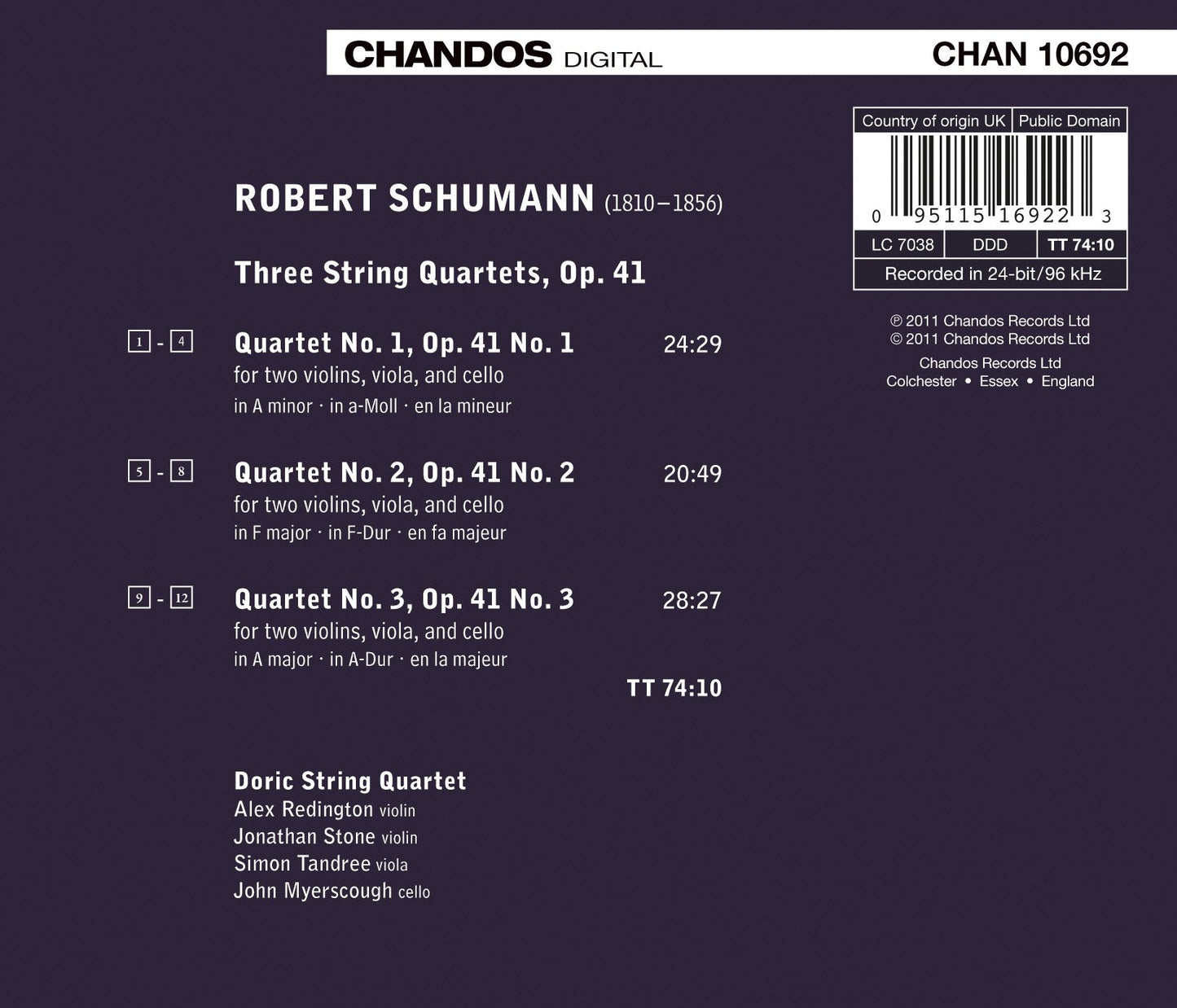 Schumann: Three String Quartets, Op. 41