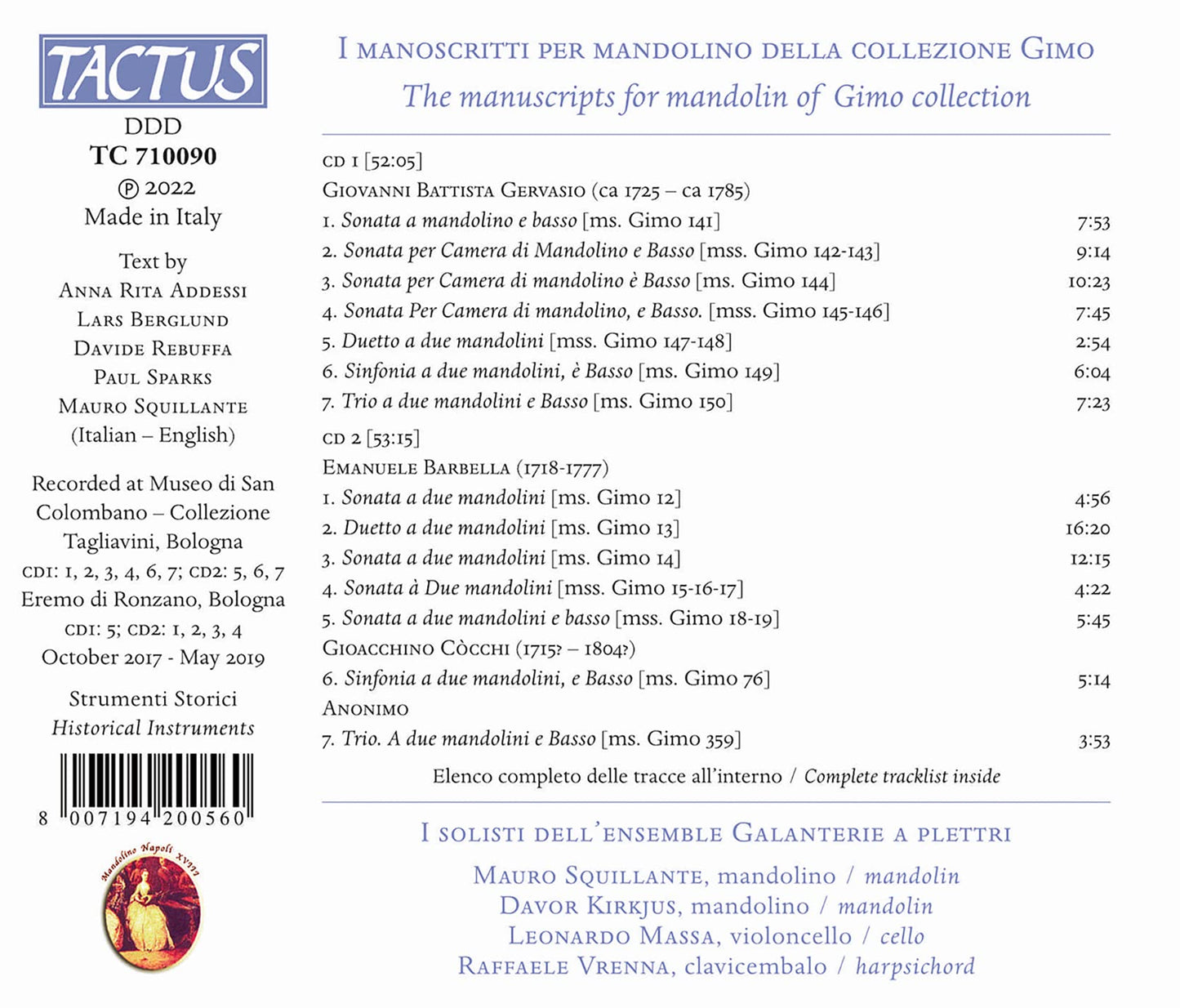 Gervasio, Barbella & Cocchi: The Manuscripts for Mandolin of