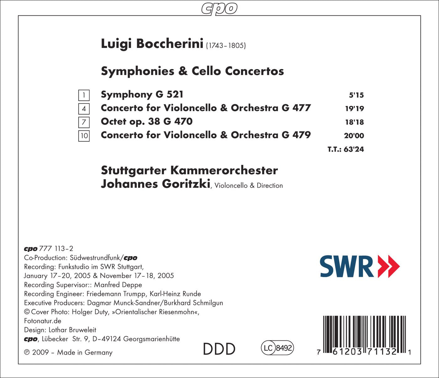 Boccherini, L.: Symphony, Op. 43 / Cello Concertos - G. 477,