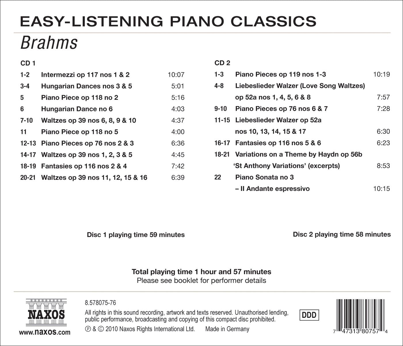 Easy-Listening Piano Classics: Brahms