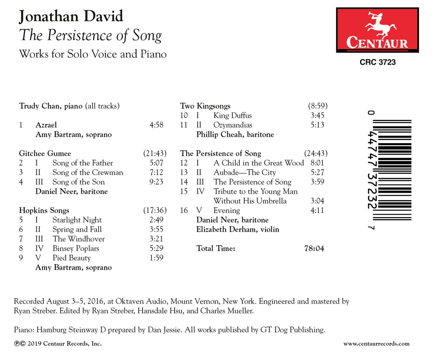 David: The Persistence of Song - Works for Solo Voice and Pi