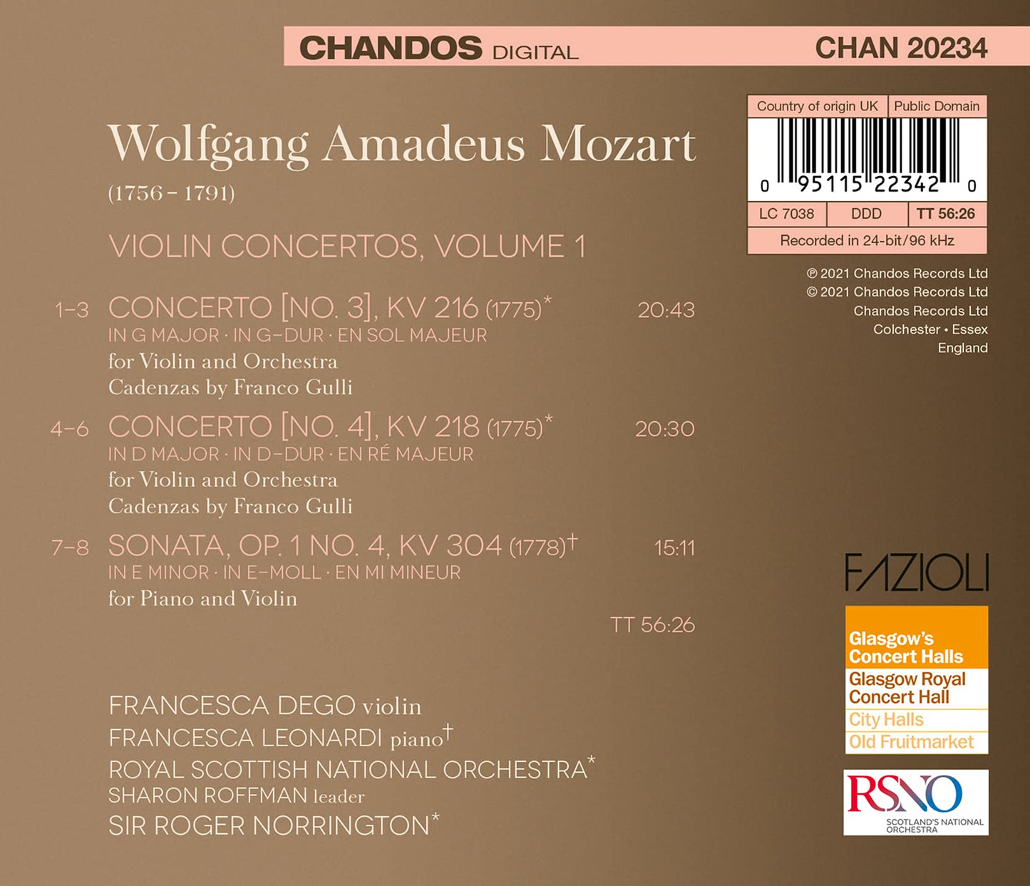 V1: Violin Concertos  Dego, Leonardi, Royal Scottish National Orchestra, Norrington