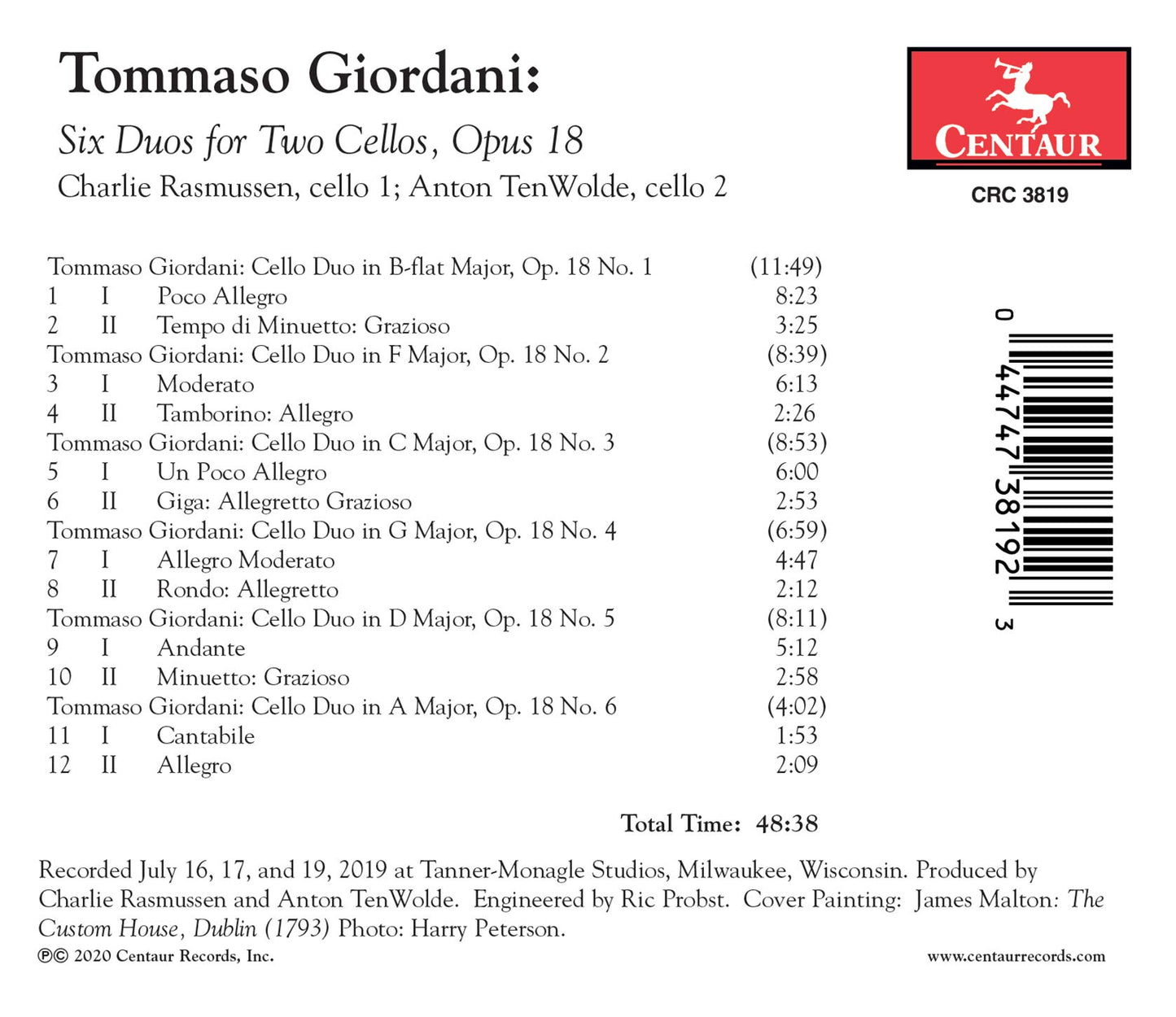 Tommaso Giordani: Six Duos for Two Cellos, Opus 18