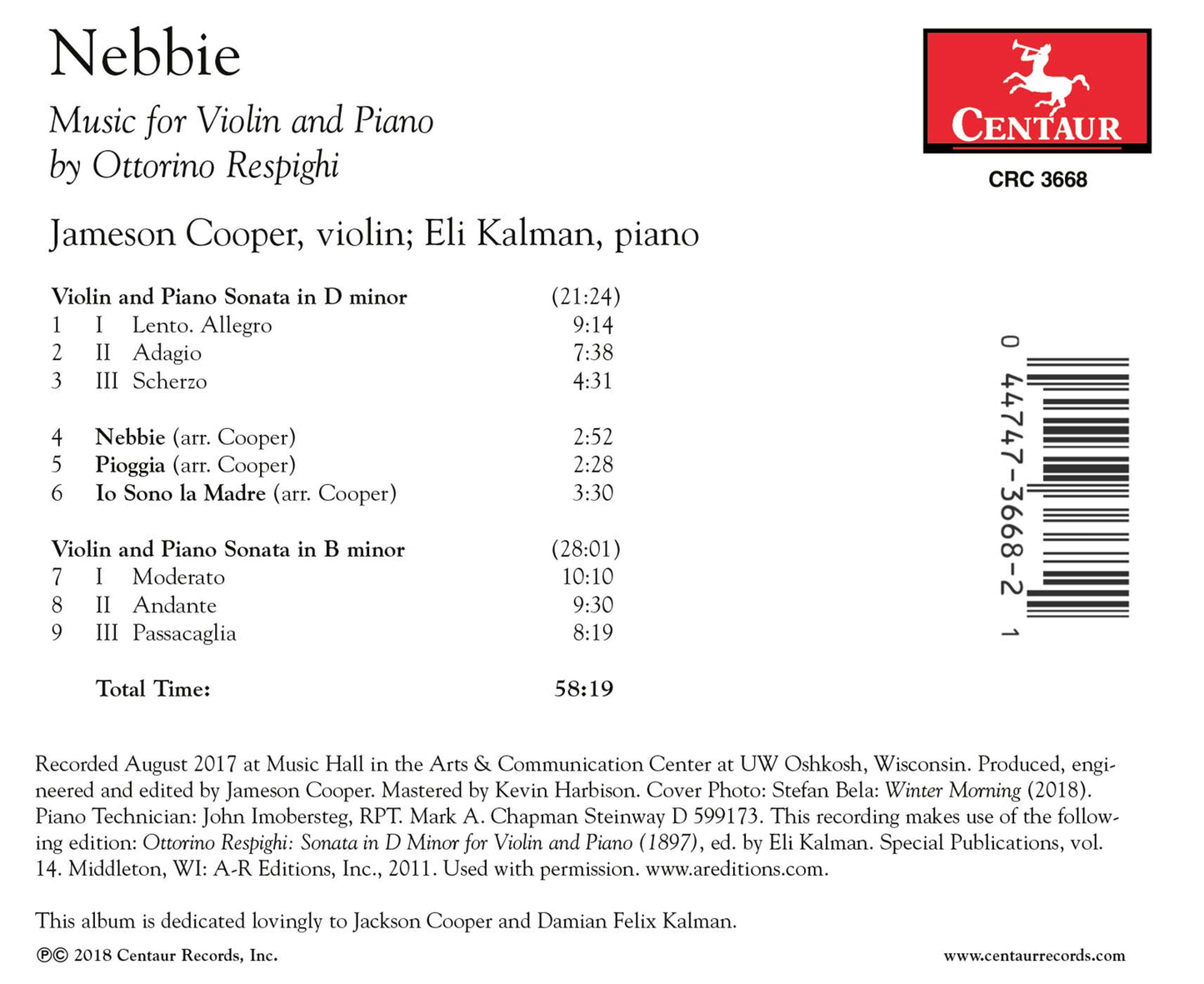 Nebbie: Music for Violin & Piano by Ottorino Respighi