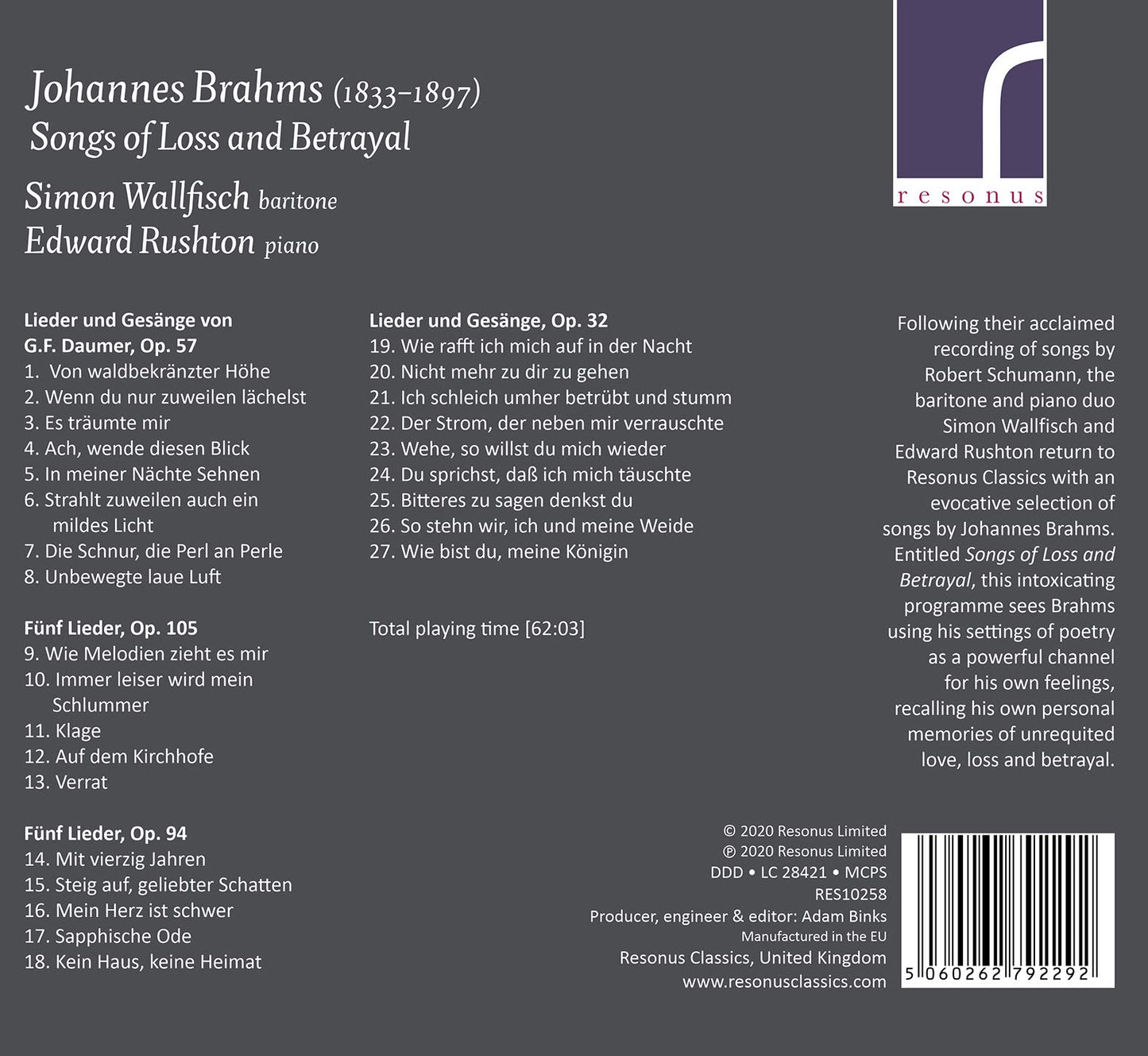 Johannes Brahms: Songs of Loss & Betrayal
