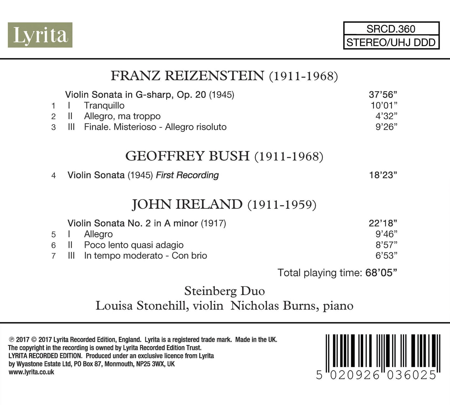Reizenstein, Bush & Ireland: Violin Sonatas