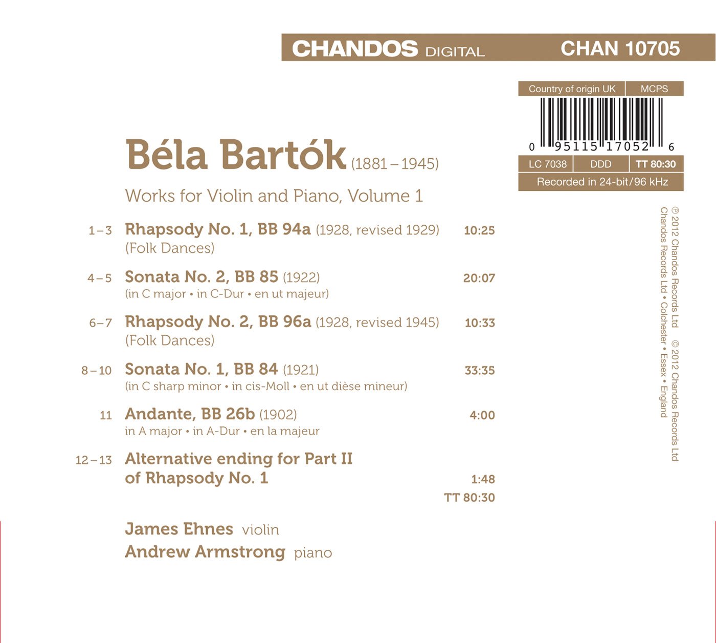 Bartók: Works for Violin and Piano, Vol. 1