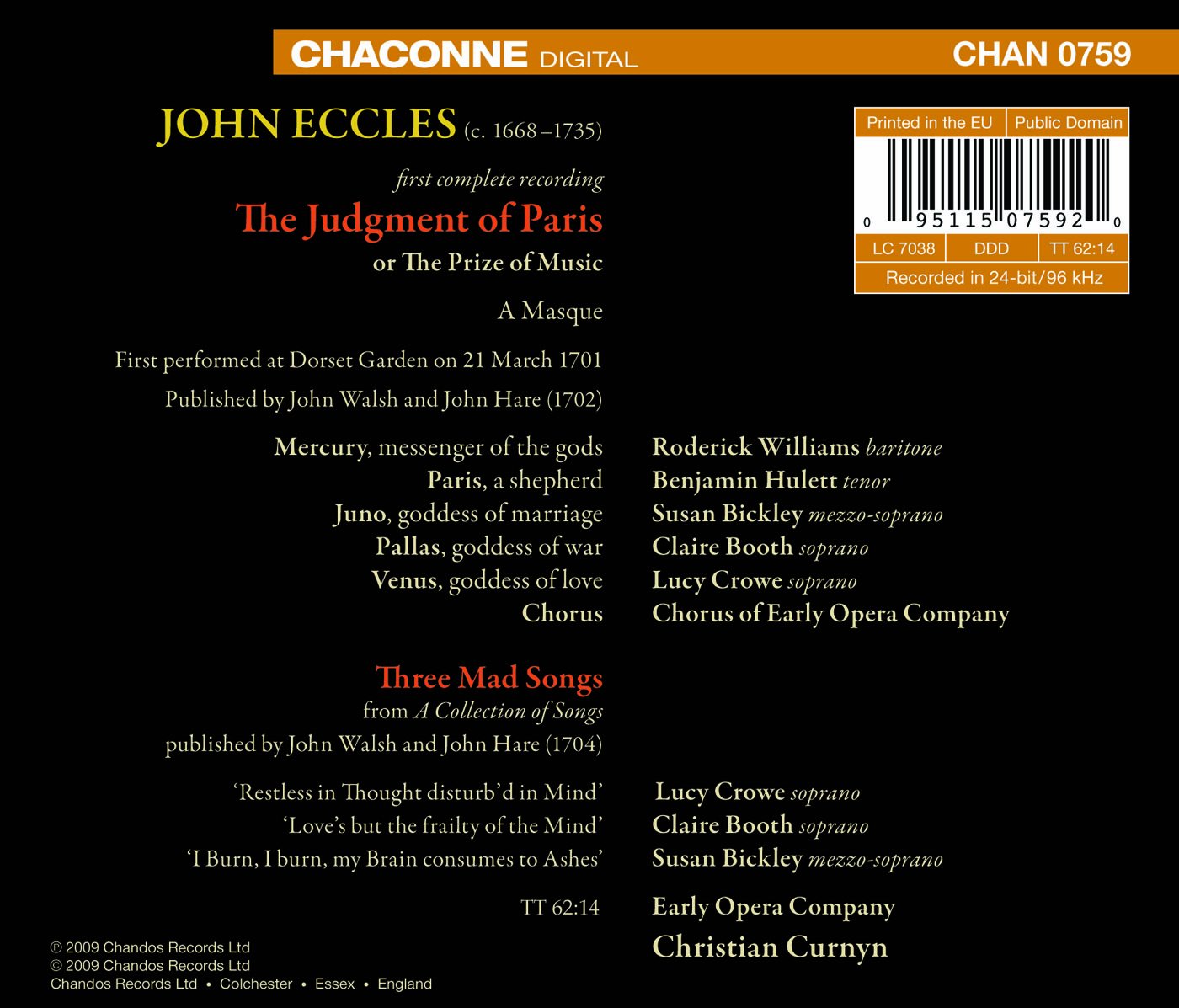 Eccles, J.: Judgment of Paris (The) [Opera] / 3 Mad Songs