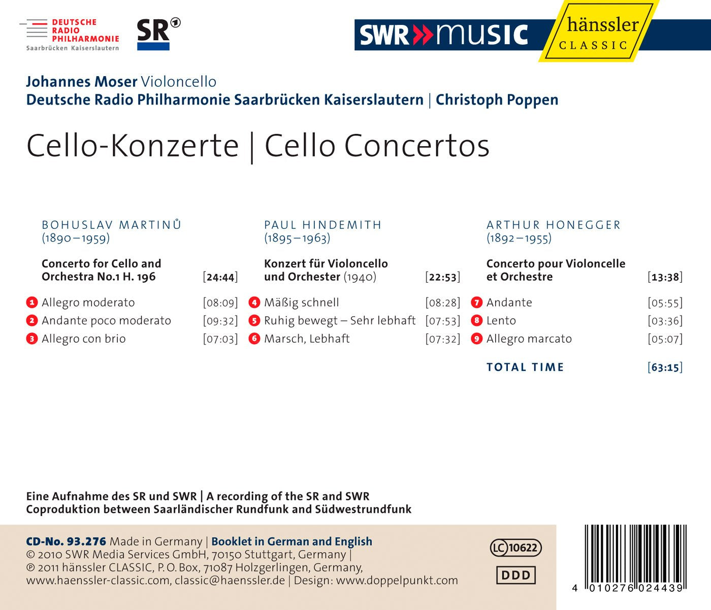 Martinu, Hindemith, Honegger: Cello Concertos