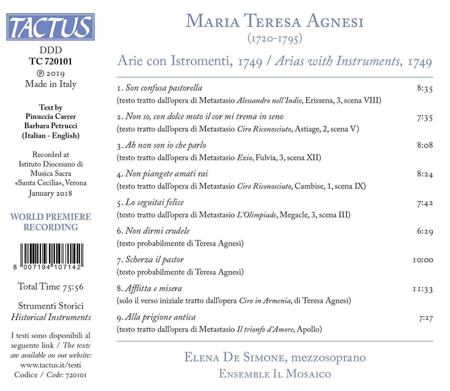 Agnesi: Arias with Instruments, 1749
