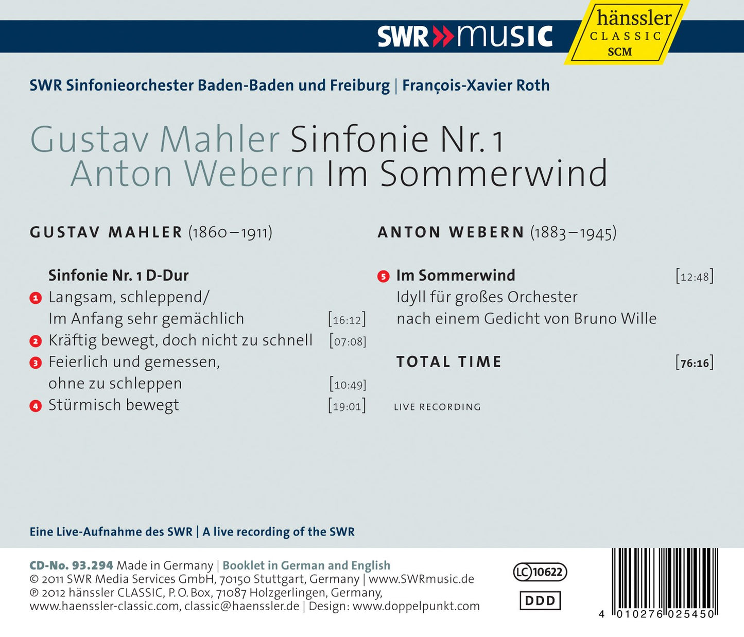 Mahler: Symphony No. 1. - Webern: Im Sommerwind