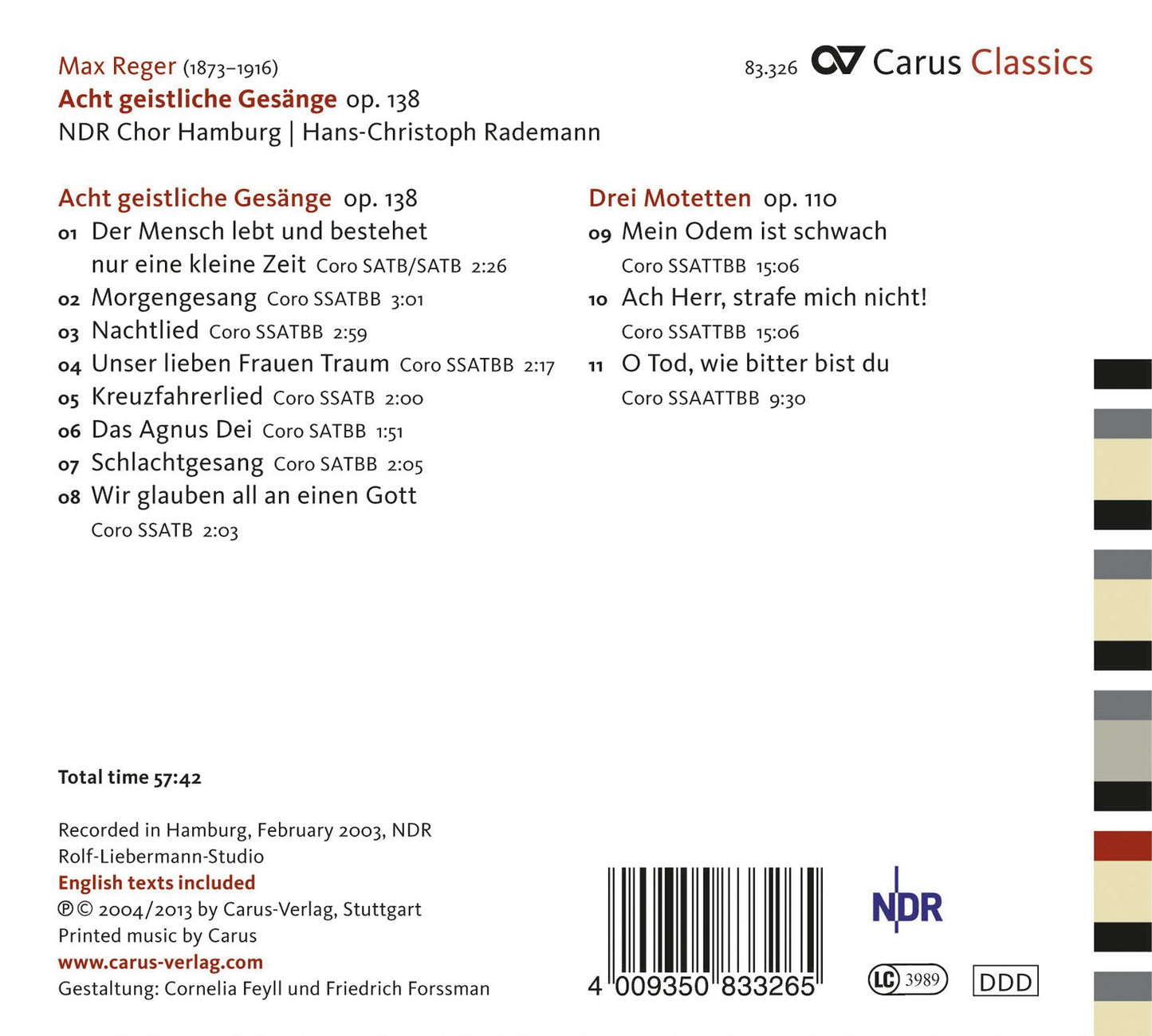 Reger: 8 Geistliche Gesänge, Op. 138 - Geistliche Gesänge, O