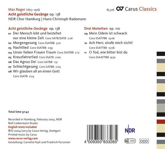 Reger: 8 Geistliche Gesänge, Op. 138 - Geistliche Gesänge, O
