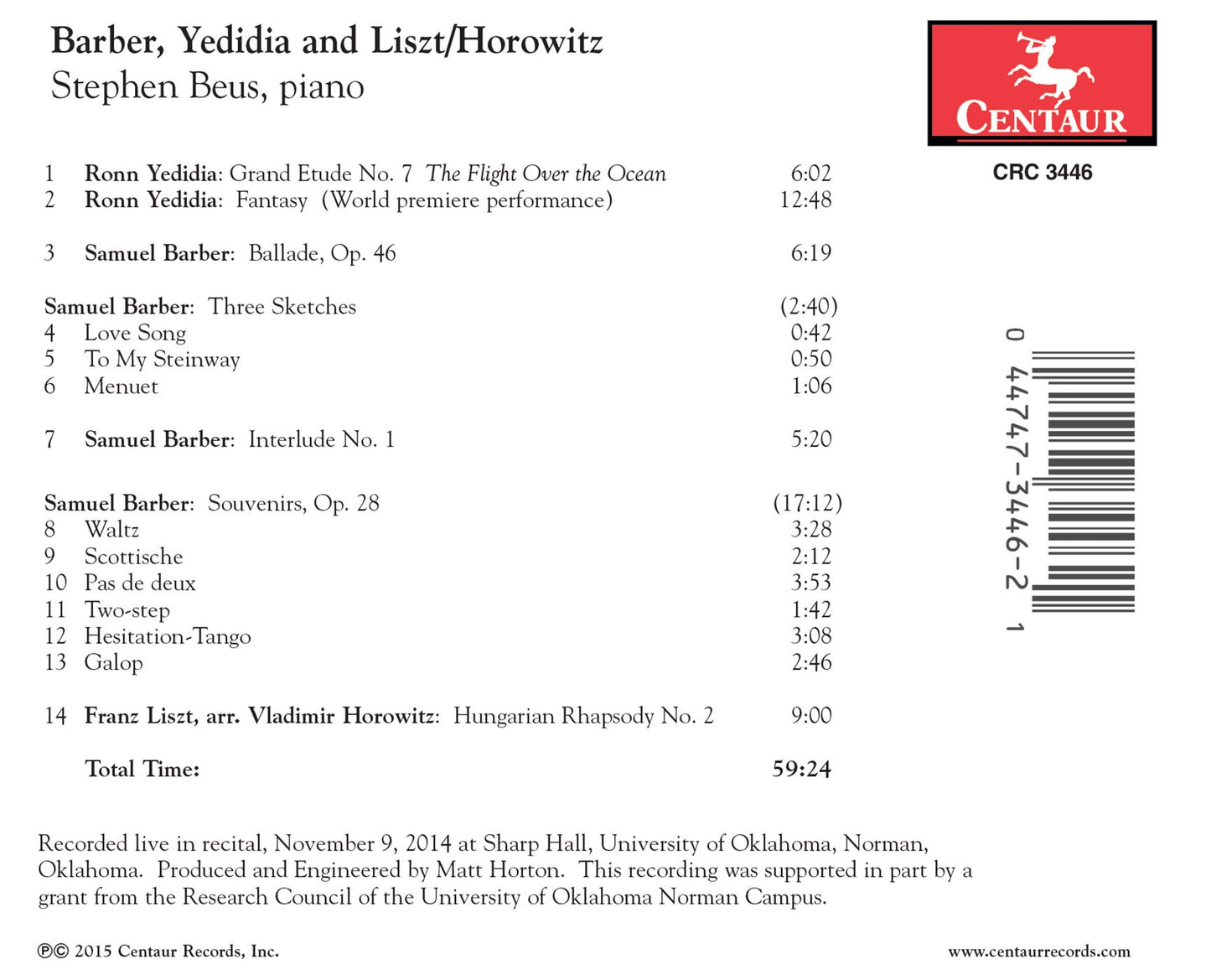 Barber, Yedidia & Liszt: Piano Works