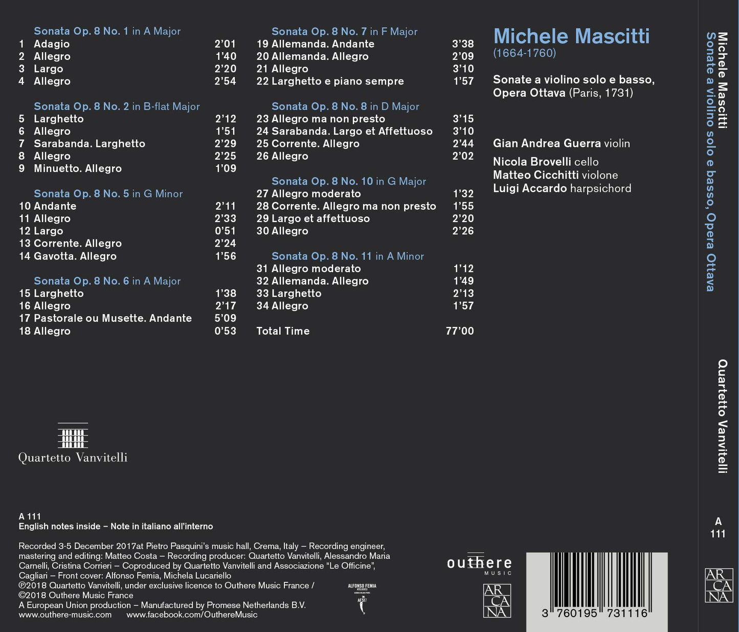 Mascitti: Sonate a violino solo e basso, Opera Ottava