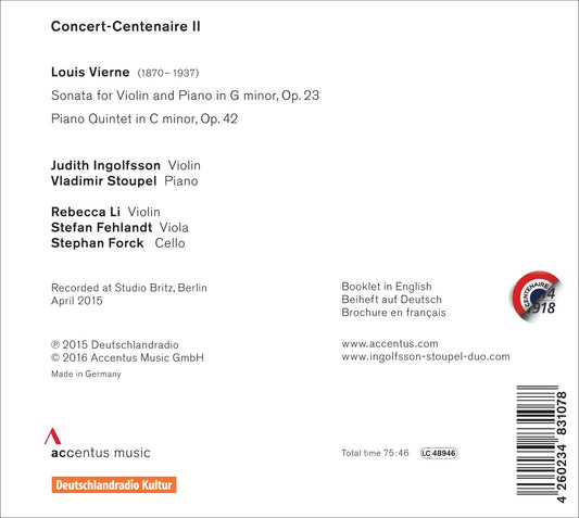 Vierne: Violin Sonata in G Minor, Op. 23 & Piano Quintet in