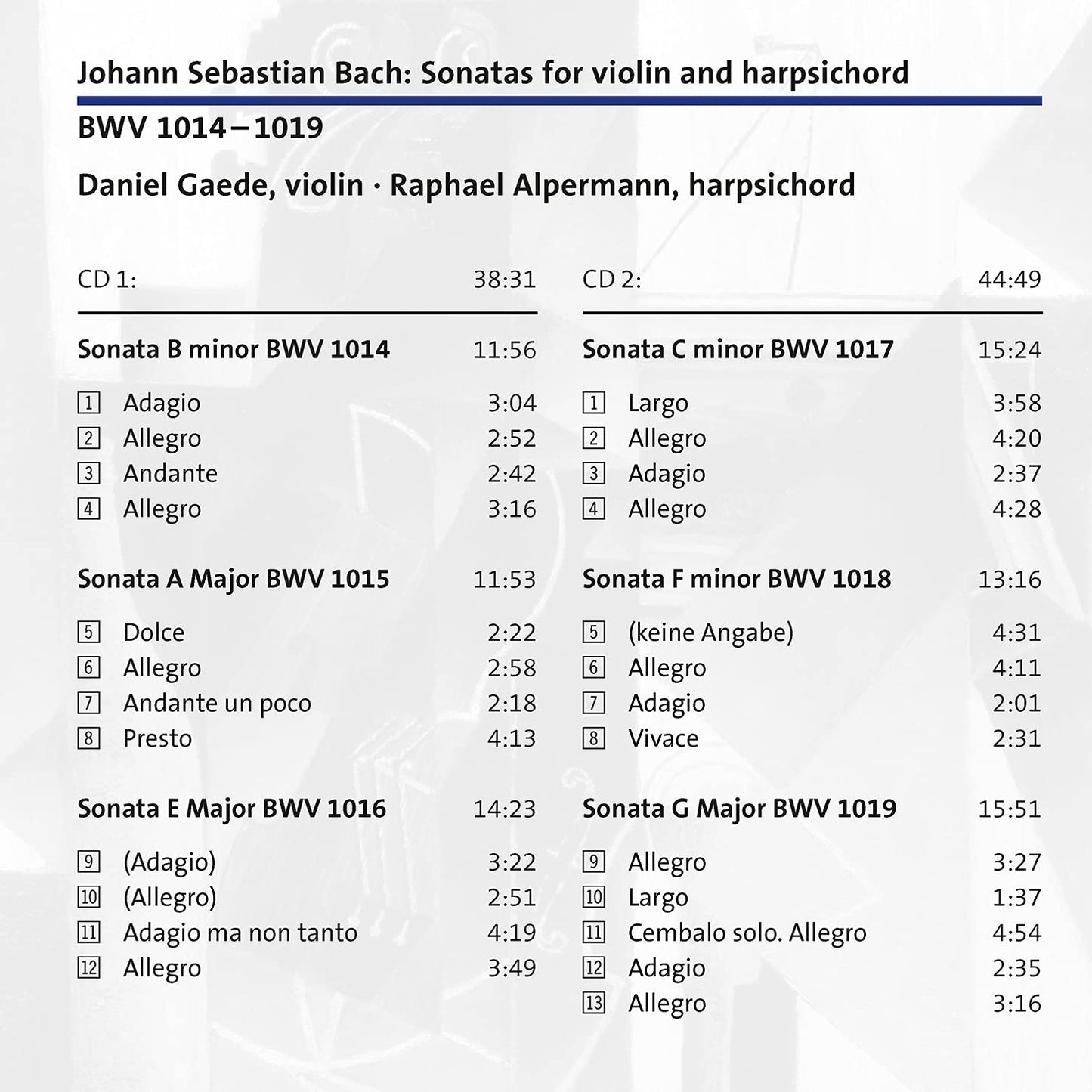 Johann Sebastian Bach: Sonatas for violin and harpsichord BW