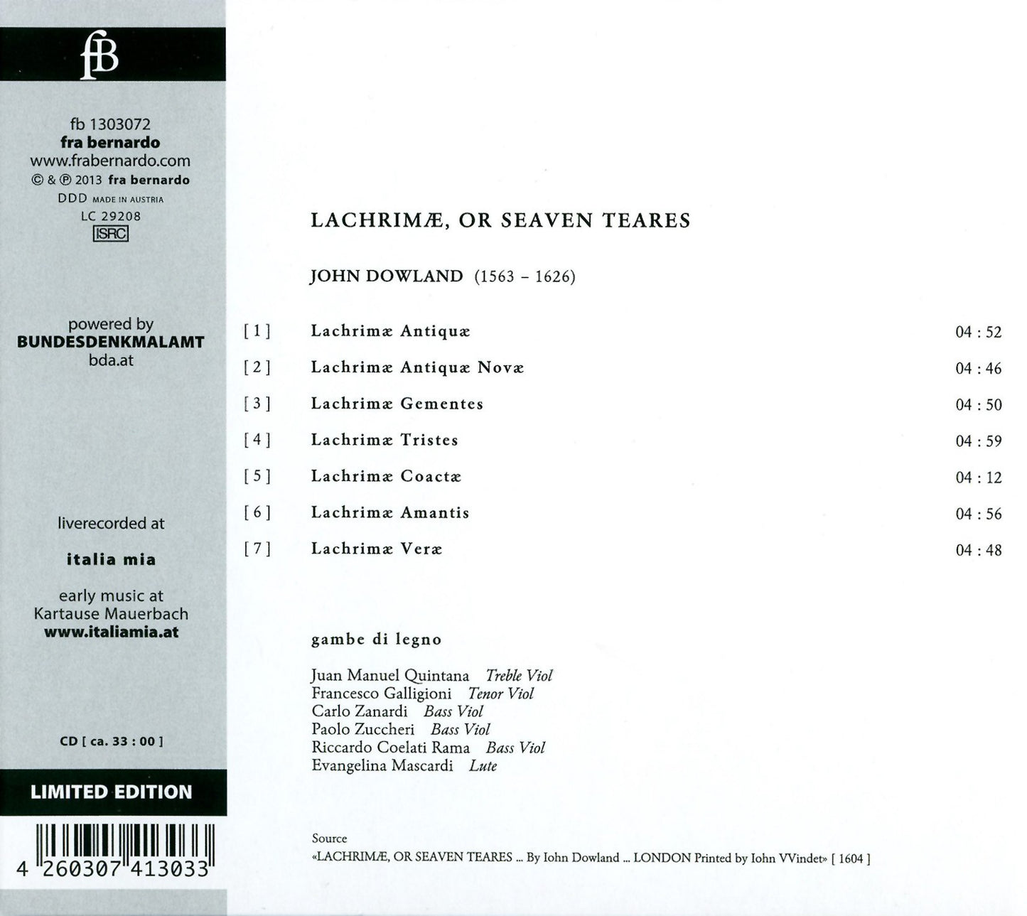 Dowland: Lachrimae or Seaven Teares