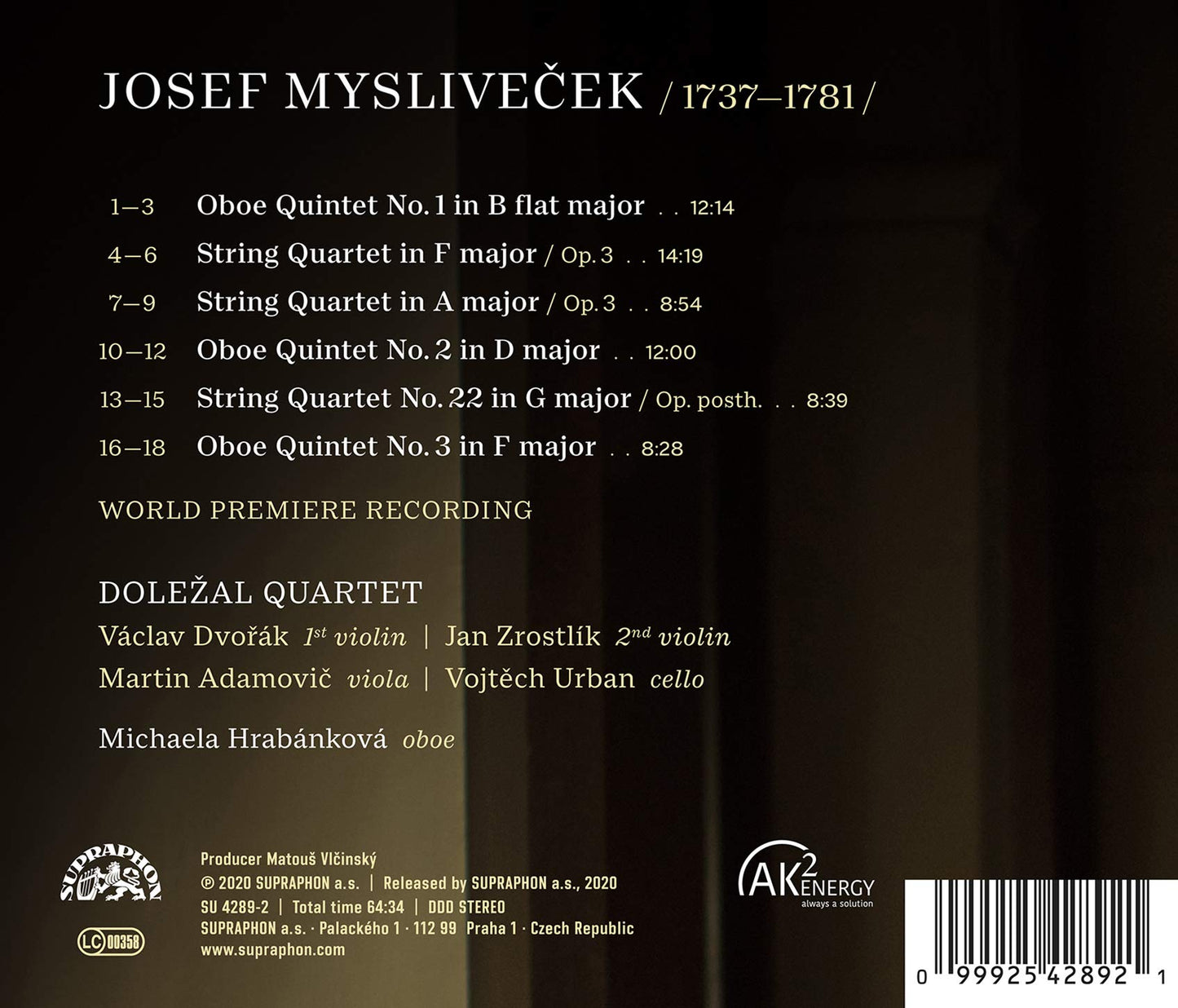 Myslivecek: Oboe Quintets, String Quartets