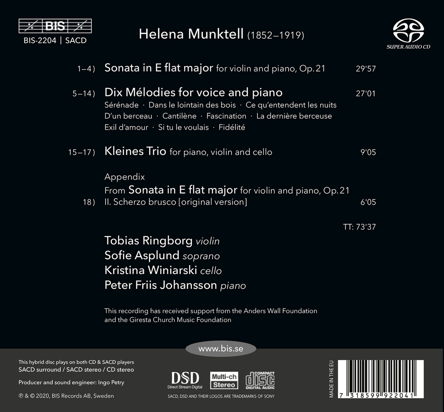 Helena Munktell: Dix Mélodies - Violin Sonata - Piano Trio