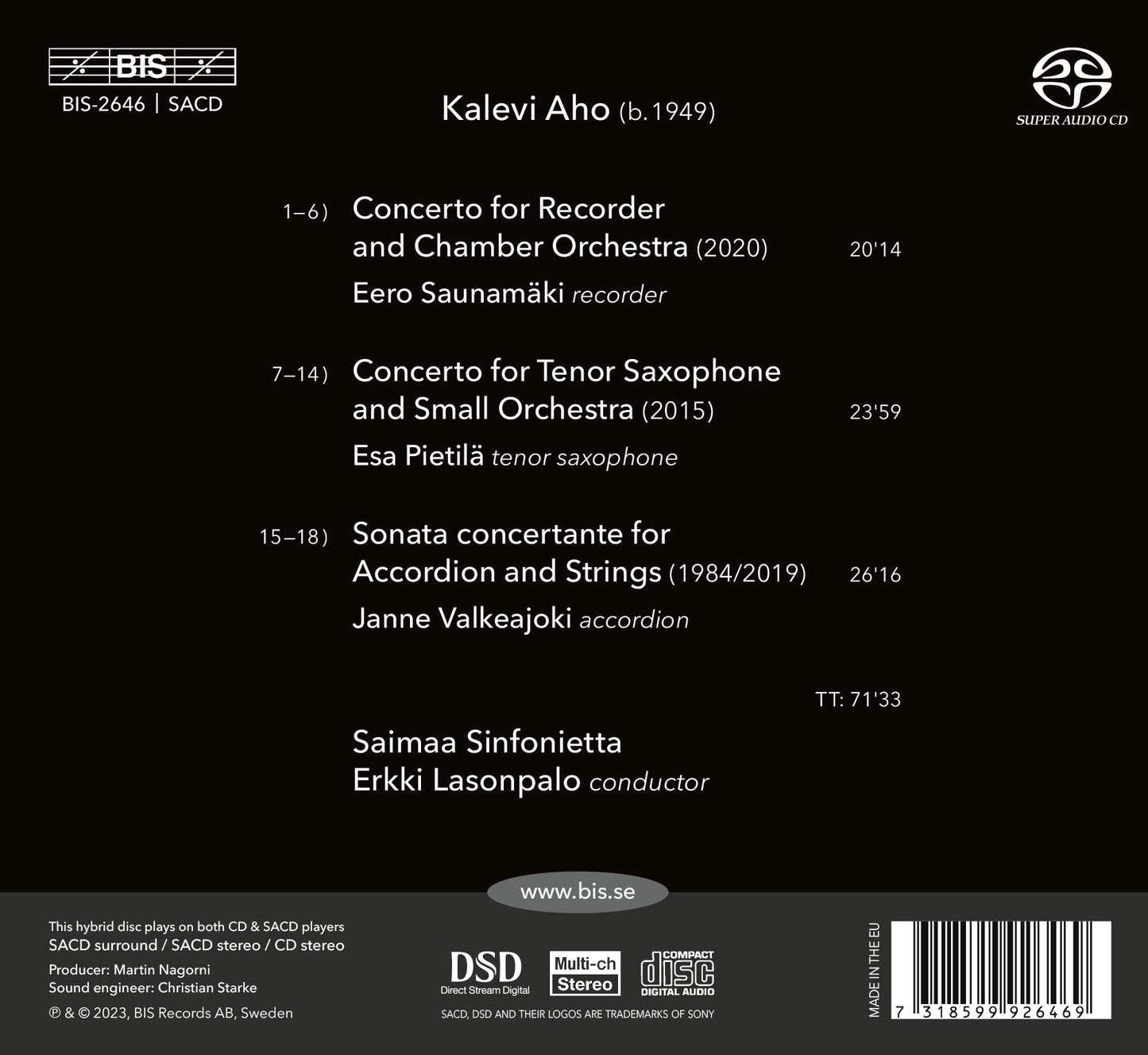 Aho: Concertante Works for Recorder, Saxophone & Accordion