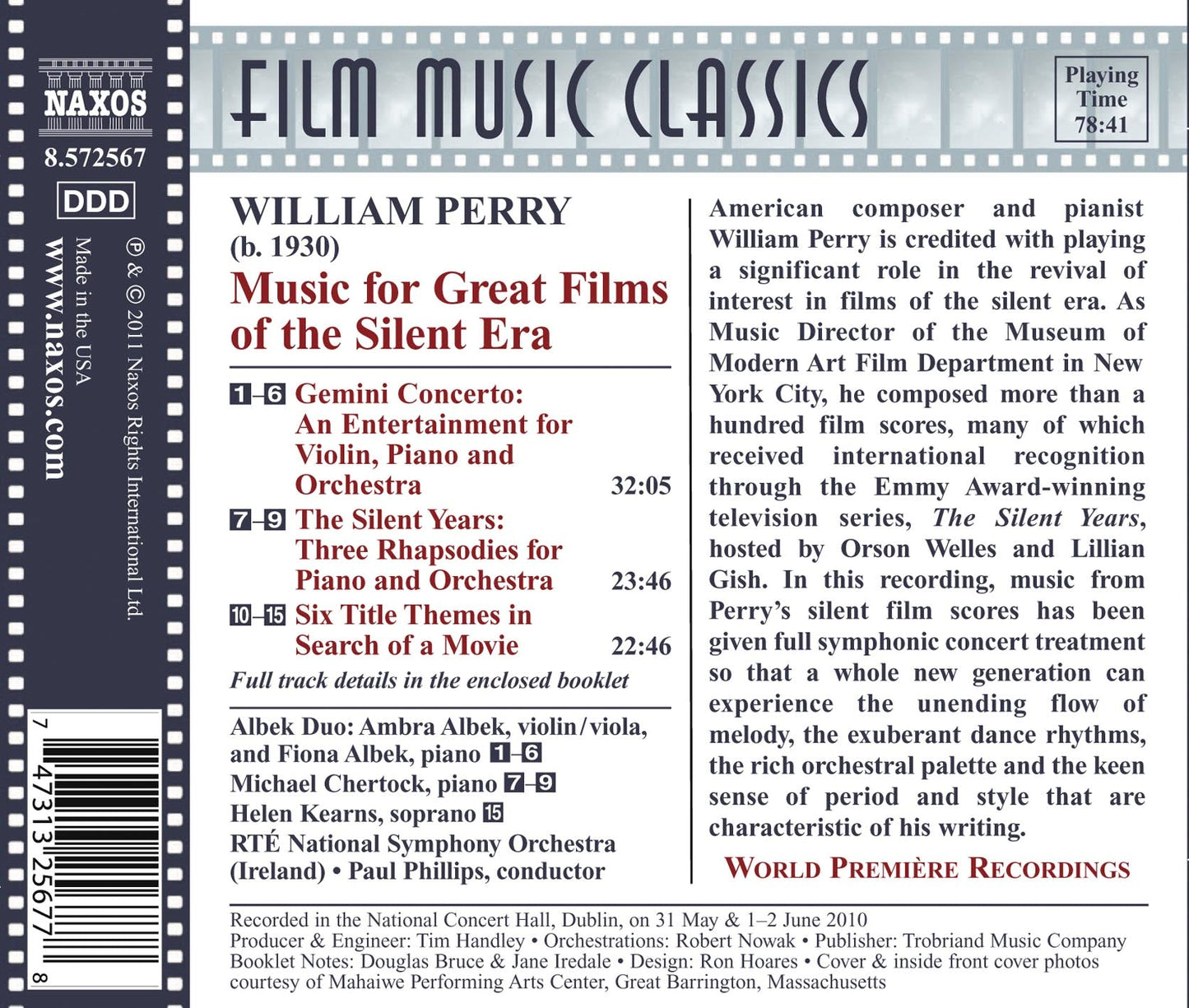 Perry: Music For Great Films Of The Silent Era, Vol. 1  Albek, A., Albek, F., Kearns, Chertock, Rté National Symphony Orchestra, Phillips