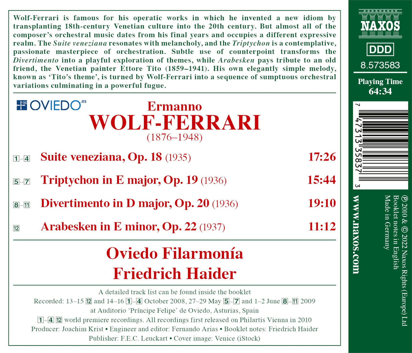 Wolf-Ferrari: Suite Veneziana; Tryptichon; Divertimento; Ara  Oviedo Filarmonia, Friedrich Haider