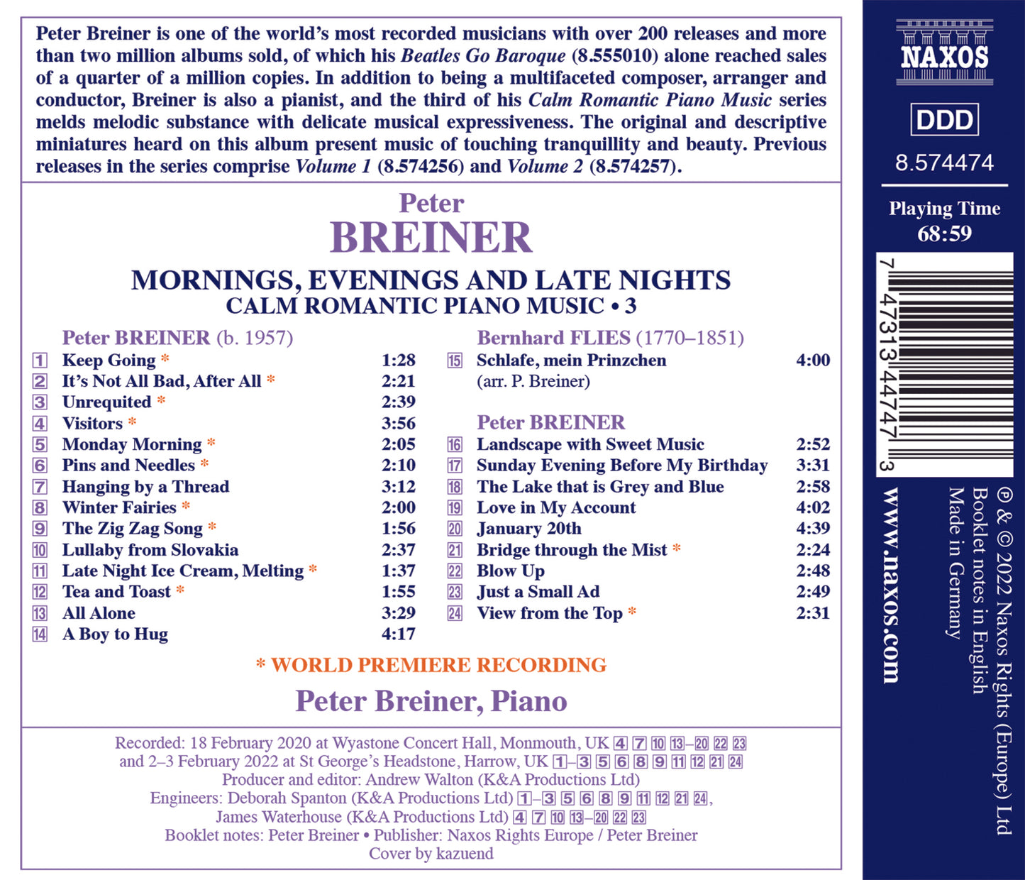 Breiner: Calm Romantic Piano Music - Mornings, Evenings & La  Peter Breiner