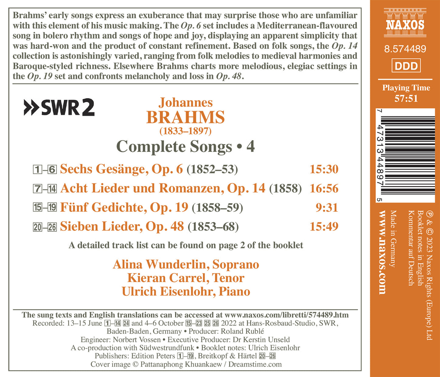Brahms: Complete Songs, Vol. 4 / Alina Wunderlin; Kieran Carrel; Ulrich Eisenhohr