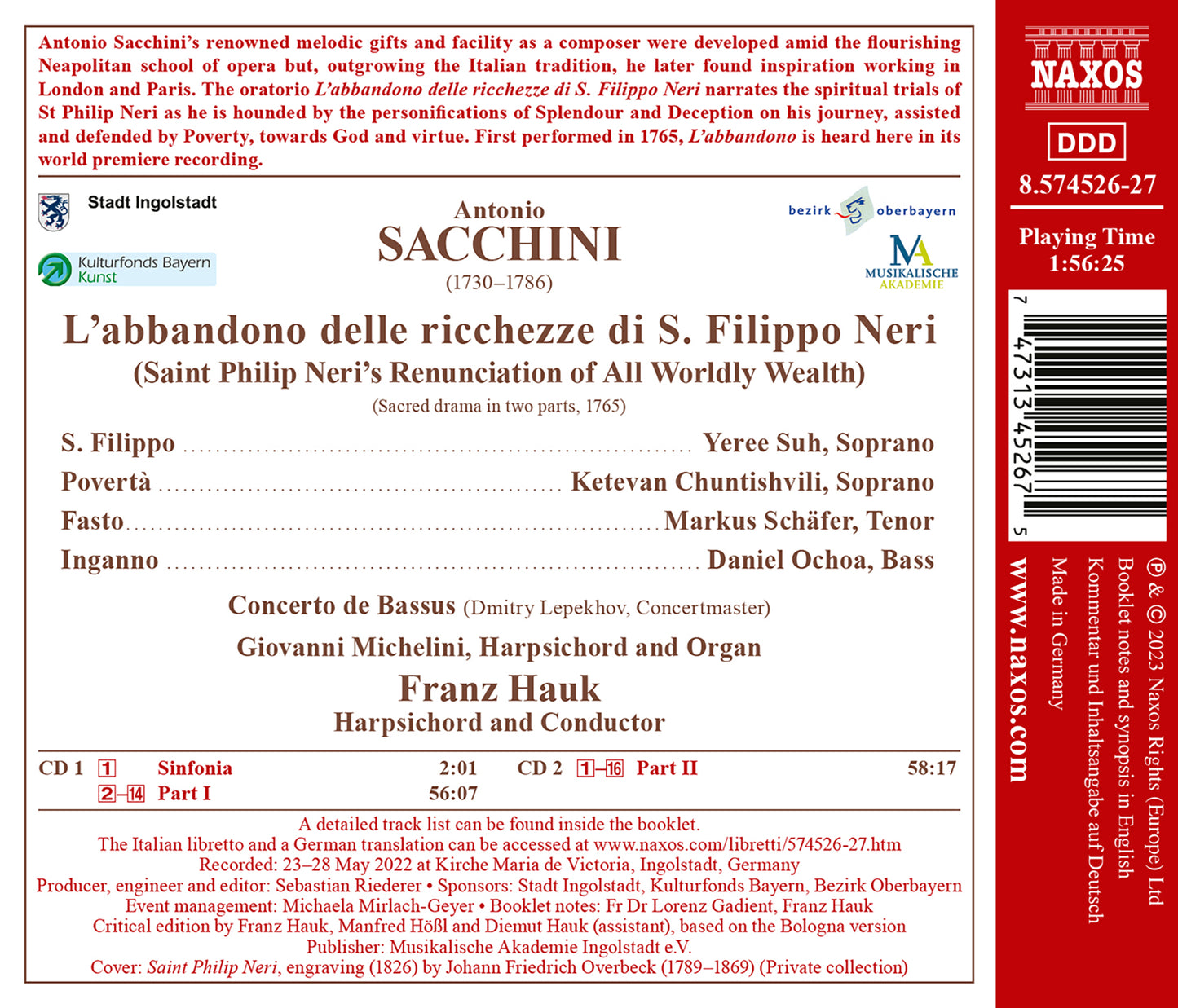Sacchini: L'abbandono delle ricchezze di S. Filippo Neri [2 CDs]