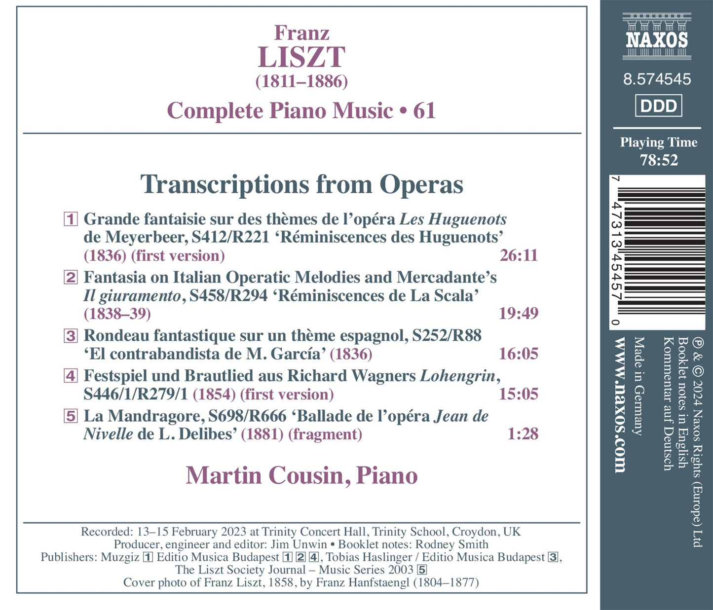 Liszt: Complete Piano Music, Vol. 61 - Opera Transcriptions  Martin Cousin