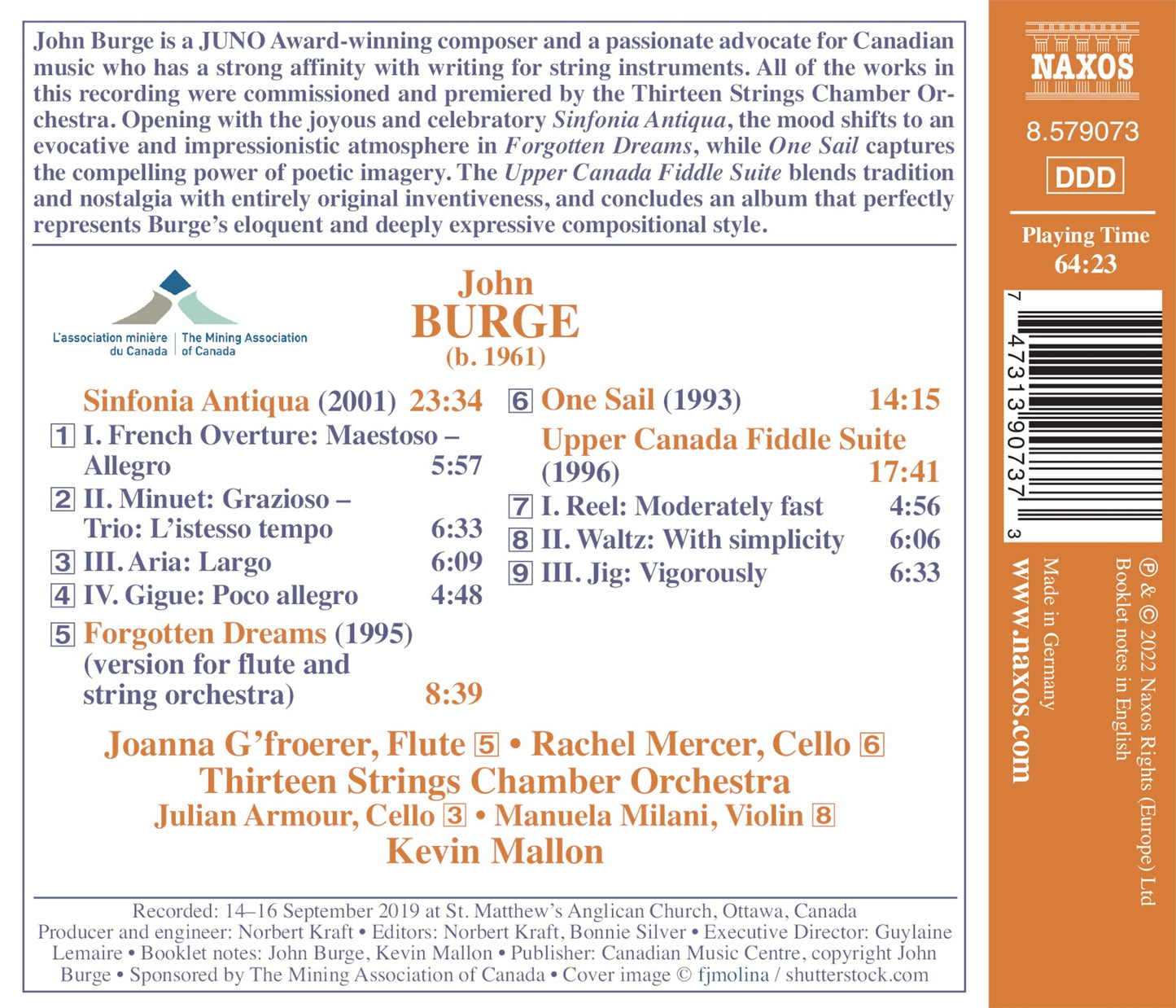 Burge: Sinfonia Antiqua; One Sail; Forgotten Dreams; Upper C  Rachel Mercer, Joanna G’Froerer, Thirteen Strings Chamber Orchestra, Kevin Mallon