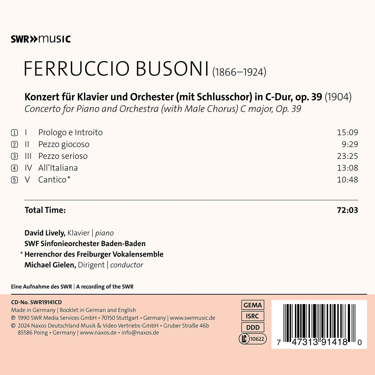 Busoni: Piano Concerto, Op. 39  David Lively, Swf Sinfonieorchester Baden-Baden, Men Voices Of The Freiburger Vokalensemble