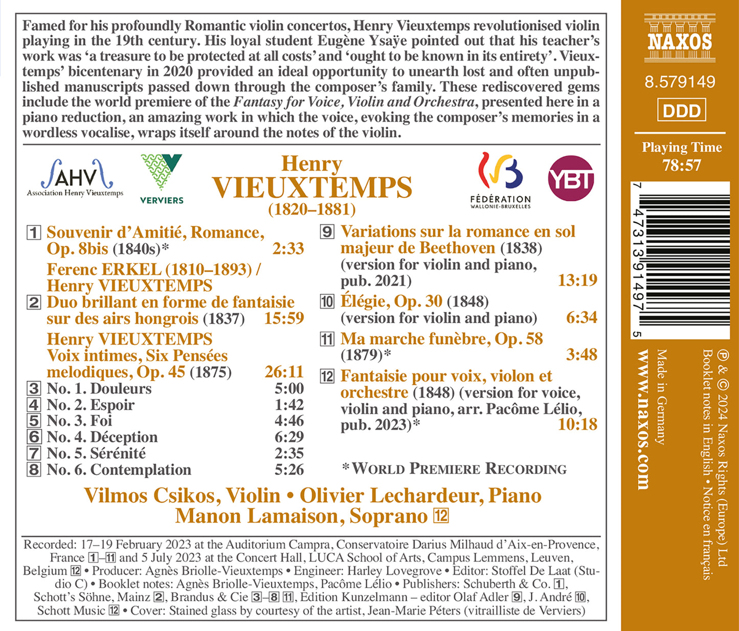 Vieuxtemps: Voix intimes - Rarities for Violin and Piano