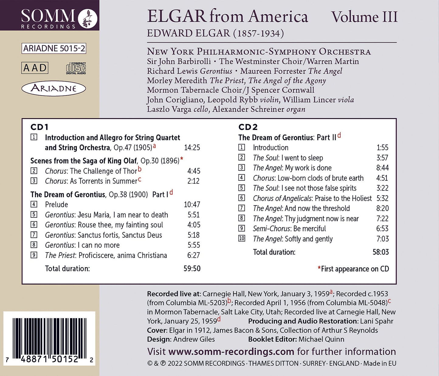 Elgar From America, Vol. 3  New York Philharmonic-Symphony Orchestra, Sir John Barbirolli, The Westminster Choir, Warren Martin,